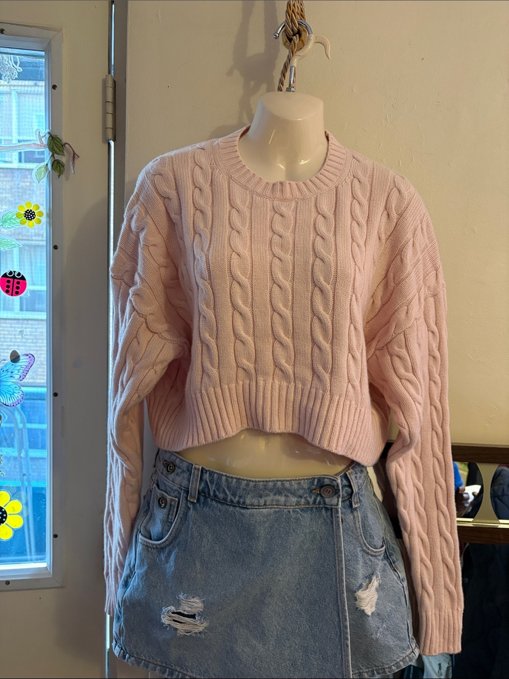 Sunday Best Pastel Pink Cable Knit Cropped Crew Sweater. Wool. Cotton